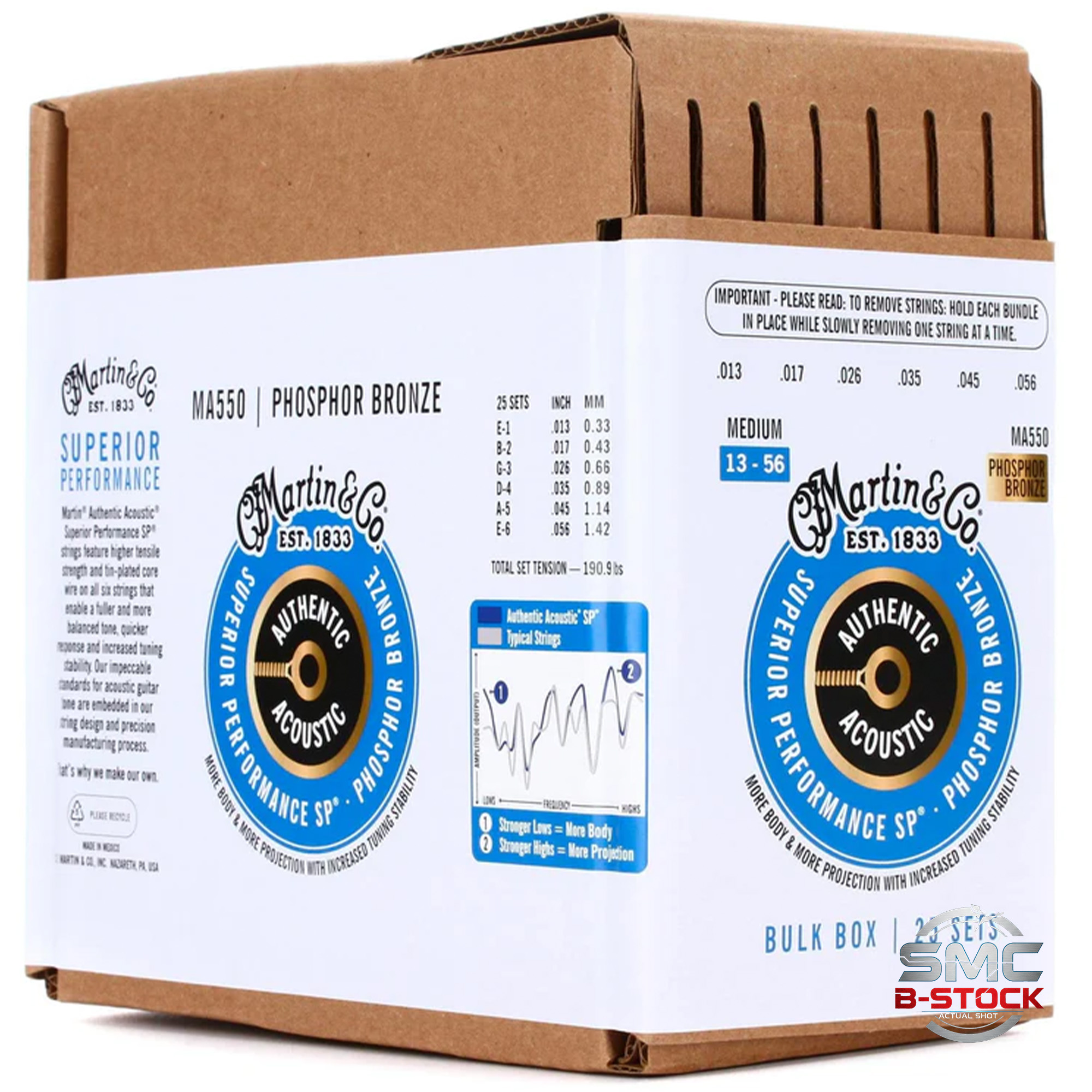 Martin Strings 25-SETS Authentic Acoustic Guitar Strings Superior Performance 92/8 Phosphor Bronze Medium - 013-.056 - B-Stock