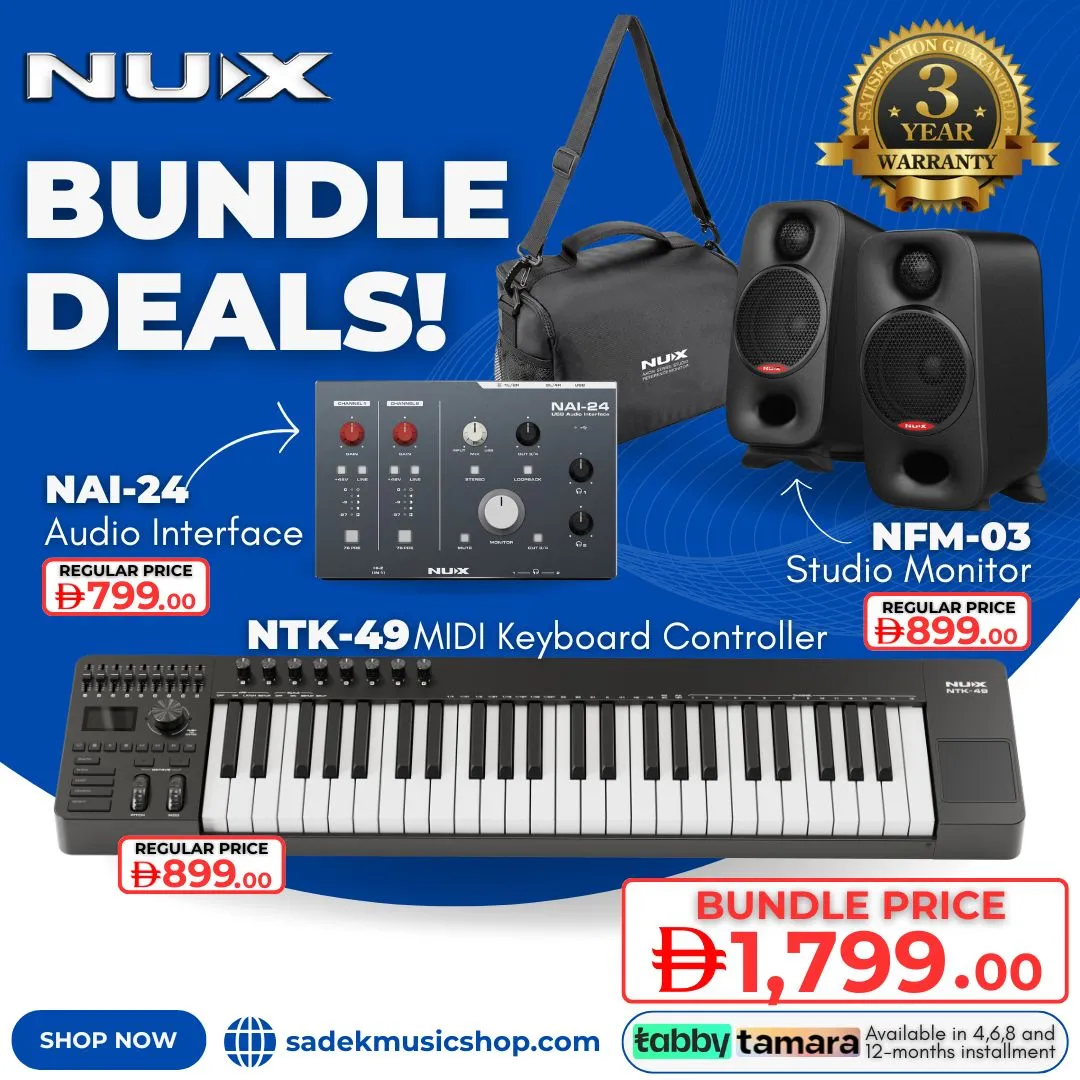 NUX Bundle - 2 | Pro Producer | NTK-49 MIDI Keyboard, NAI-24 Audio Interface & NFM-03 Monitors