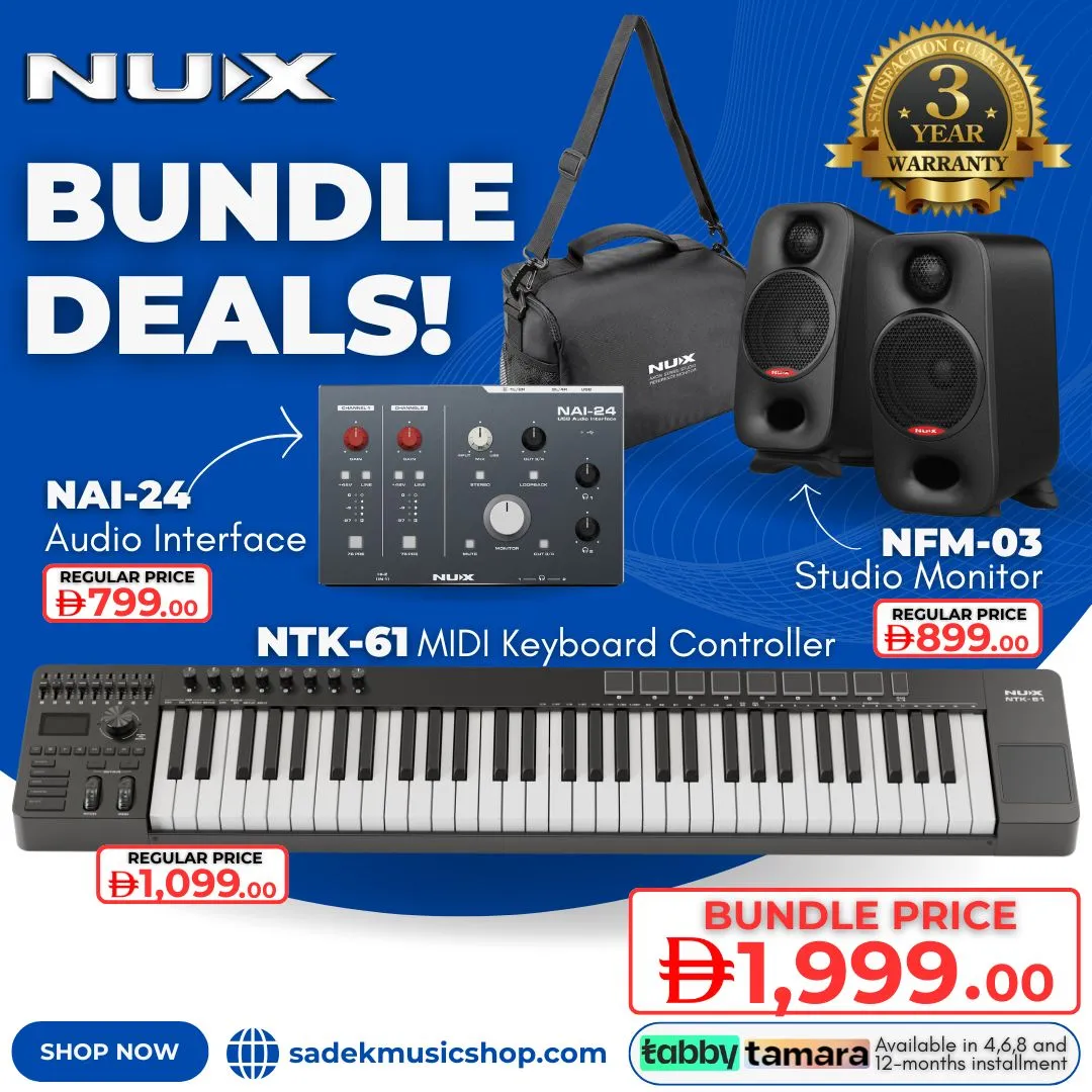 NUX Bundle - 1 | Elite Composer Studio | NTK-61 MIDI Controller, NAI-24 Interface & NFM-03 Monitors