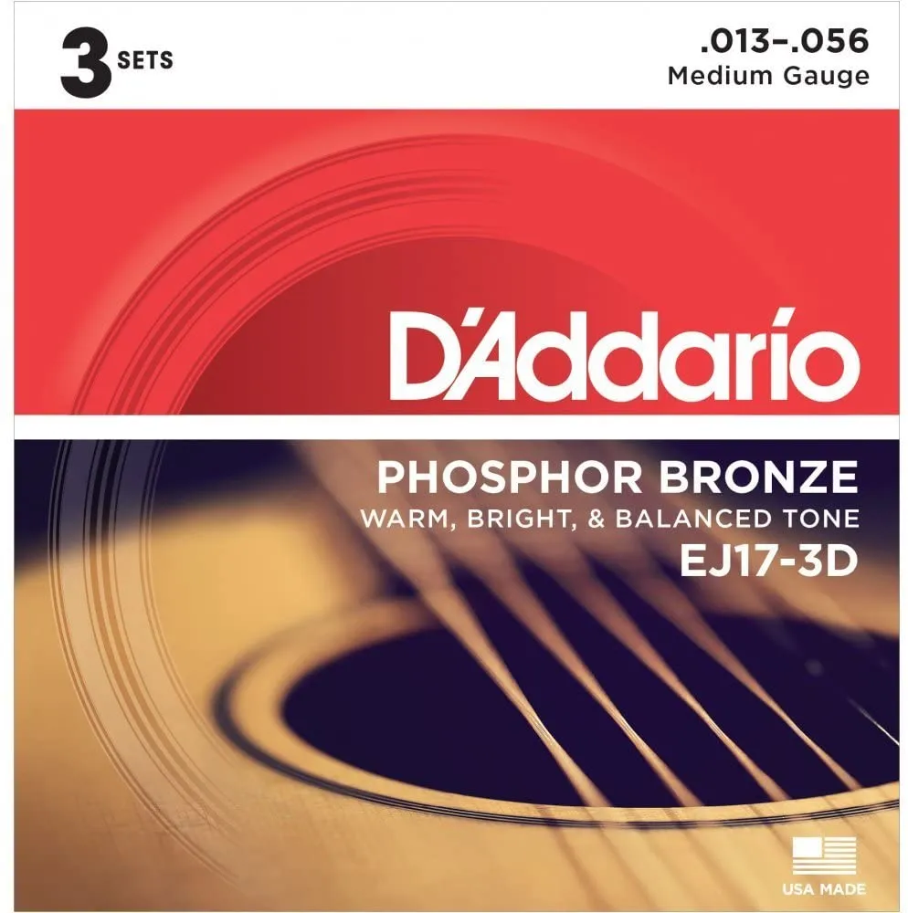 D'Addario EJ17-3D Phosphor Bronze Acoustic Guitar String Medium - 13-56 - 3 Packs