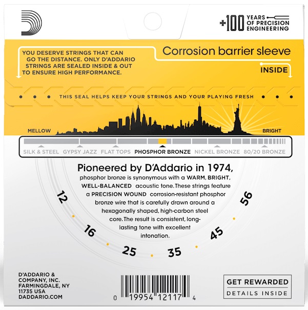 D'Addario EJ19 Phosphor Bronze Acoustic Guitar String Bluegrass Light Top Medium Bottom - 12-56