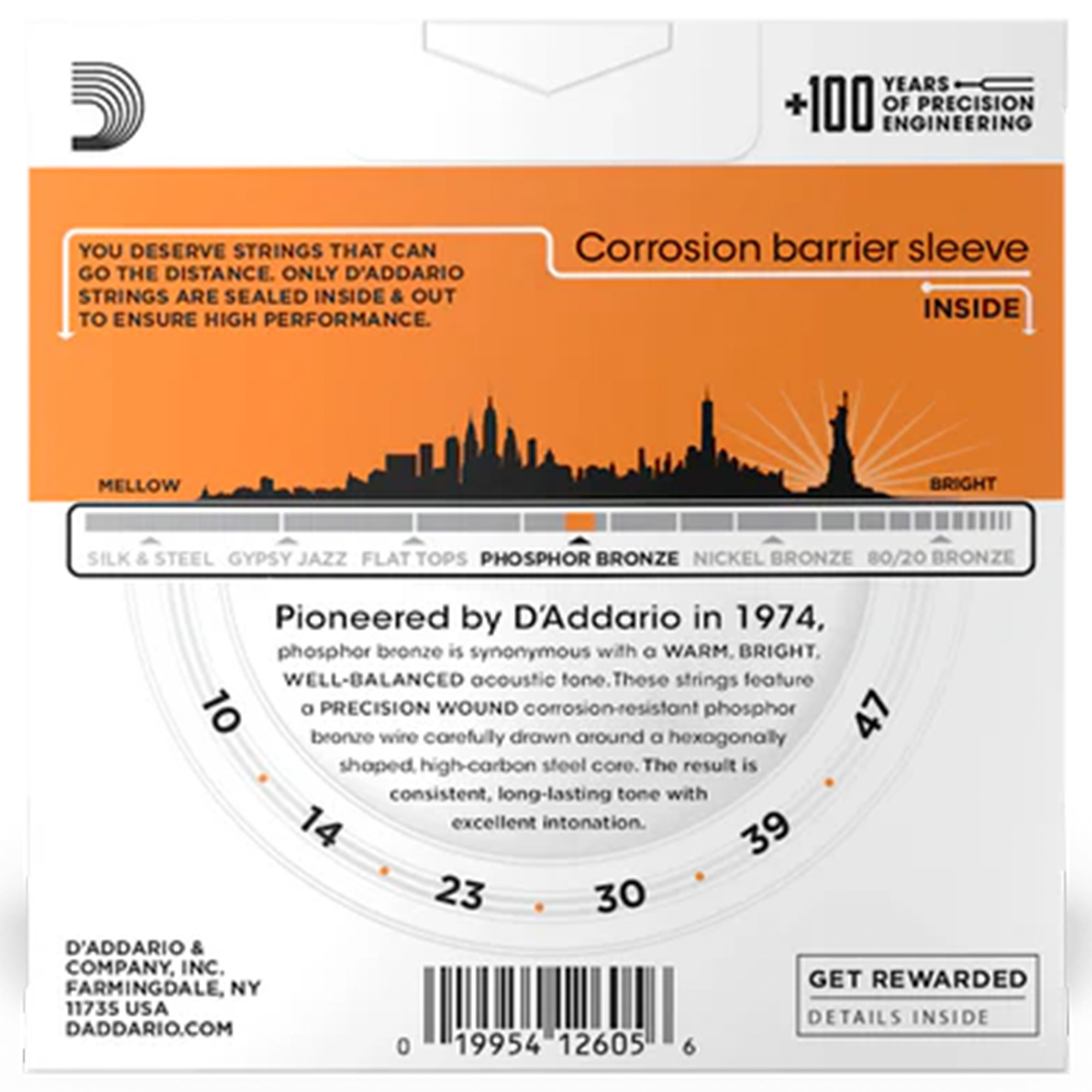 D'Addario EJ15-3D Phosphor Bronze Acoustic Guitar String Extra Light - 10-47 -3-Pack