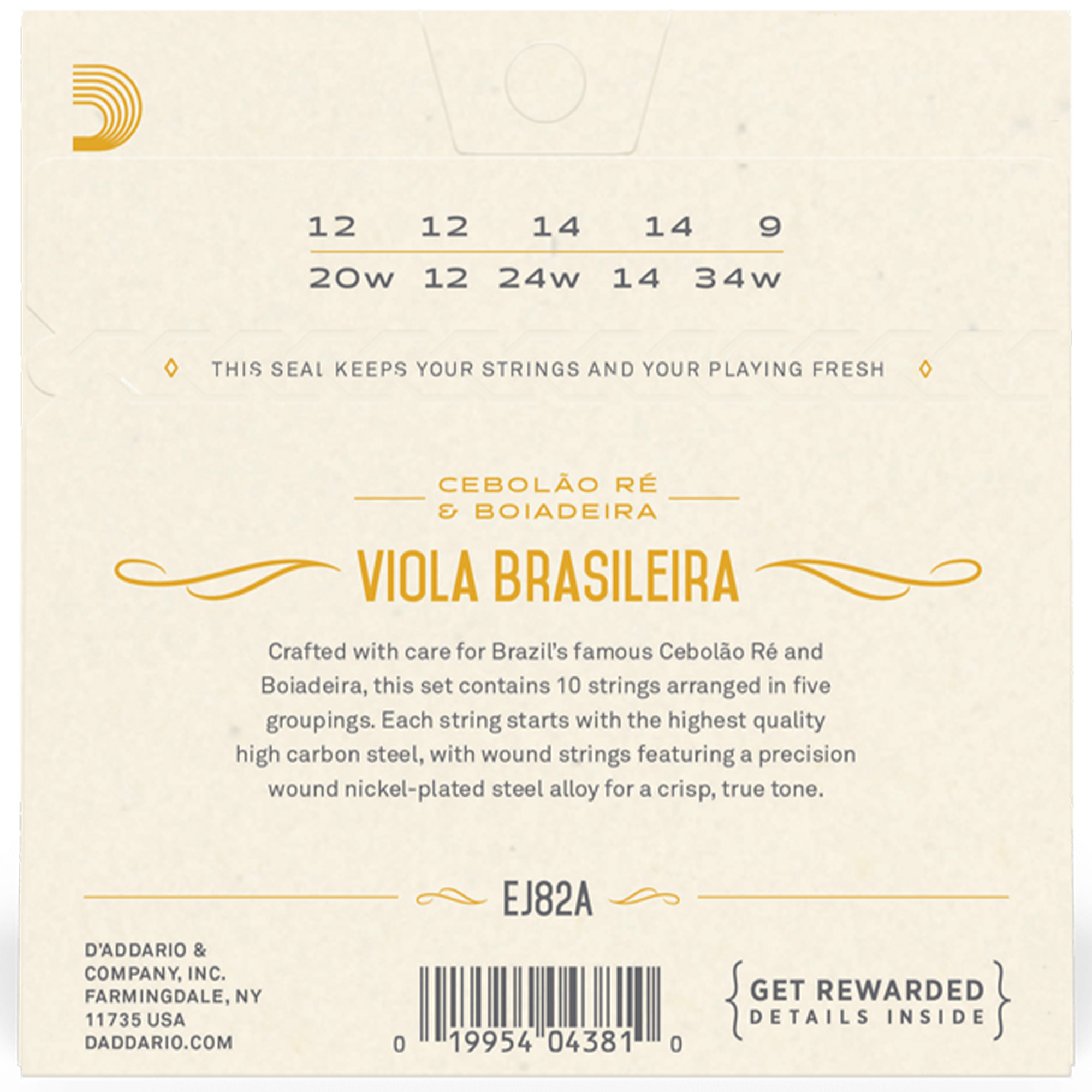 D'Addario EJ82A Viola Brasileira string Cebolão Re and Boiadeira Tunings