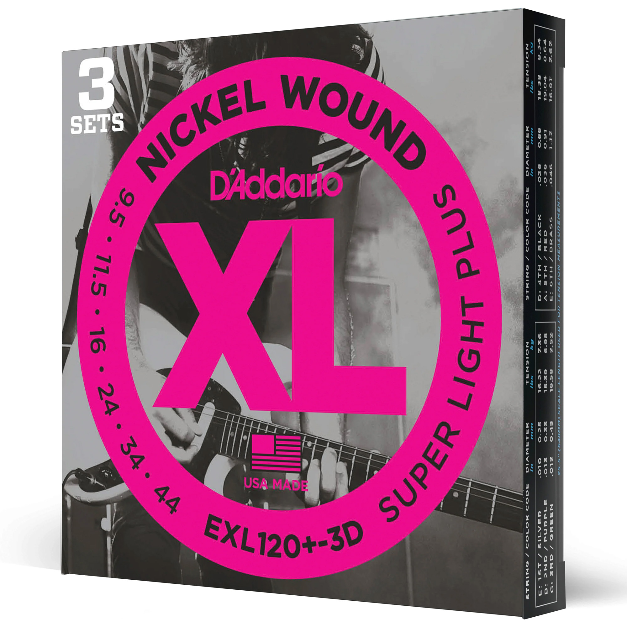 D'Addario EXL120+-3D Nickel Wound Electric Guitar String Super Light - 09.5-44 - 3 Packs