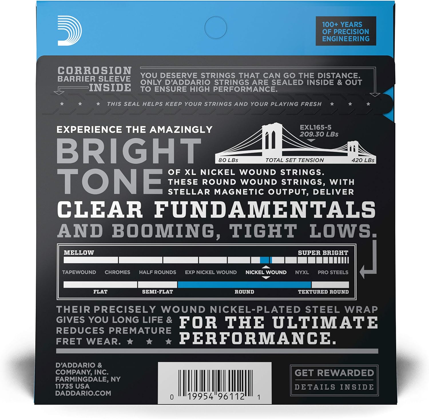 D'Addario EXL165-5 XL ProSteels Long Scale Bass 5-String Regular Light Top/Med Bottom - 45-135