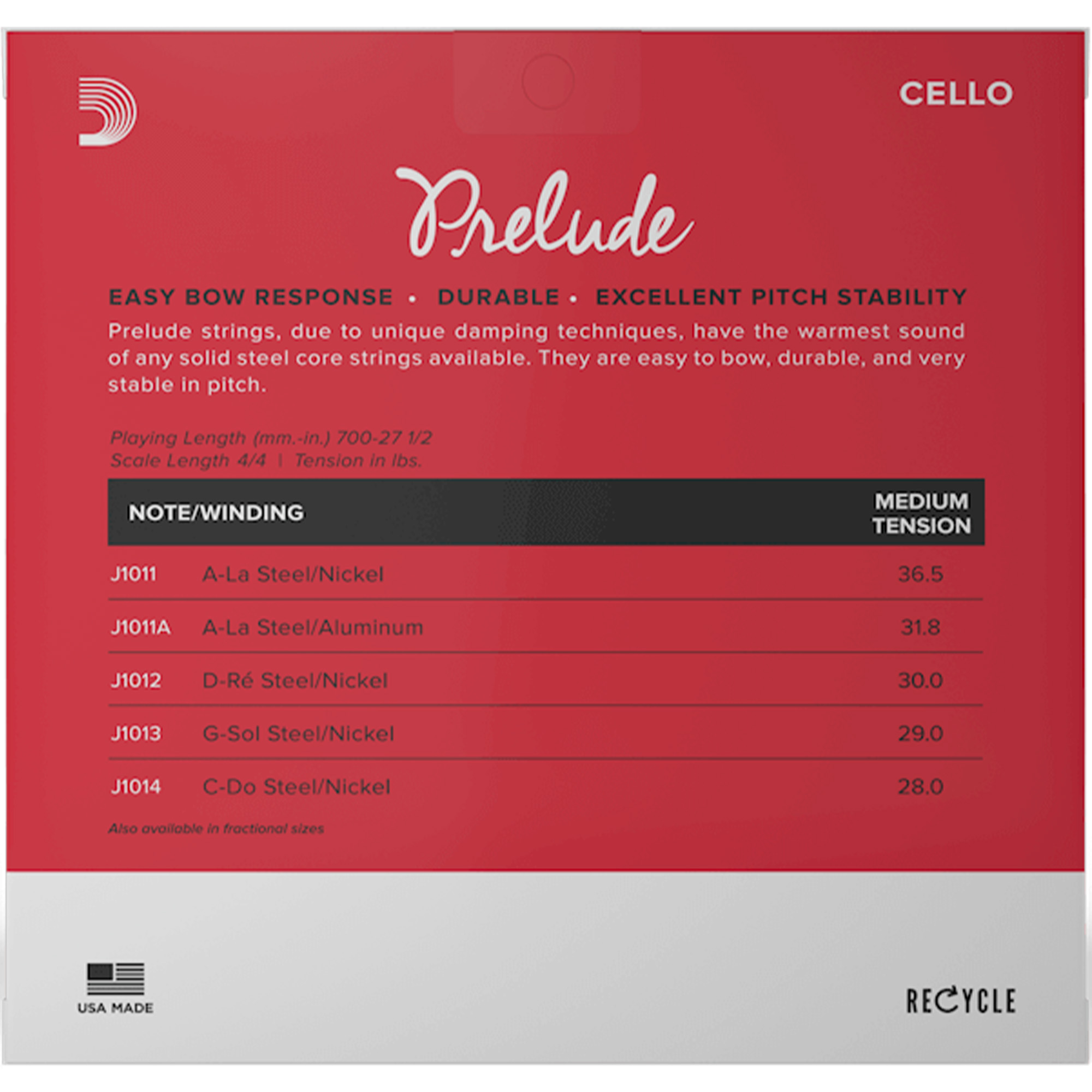 D'Addario J1010 4/4M Prelude Cello String Set - 4/4 Scale - Medium Tension