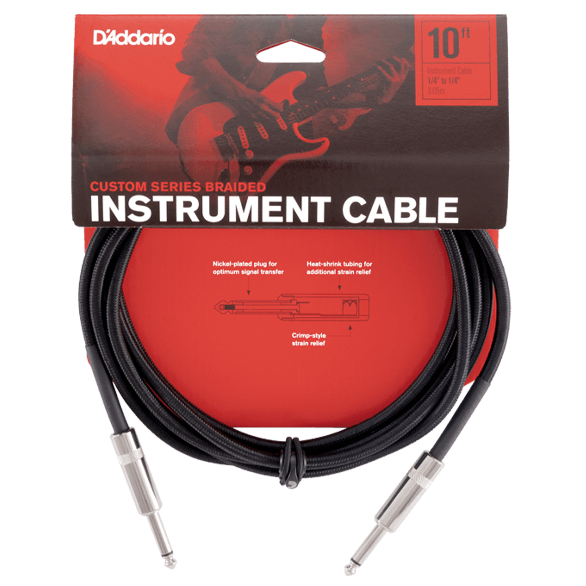 D'Addario PW-BG-10BK Braided Straight to Straight Instrument Cable - 10 foot Black
