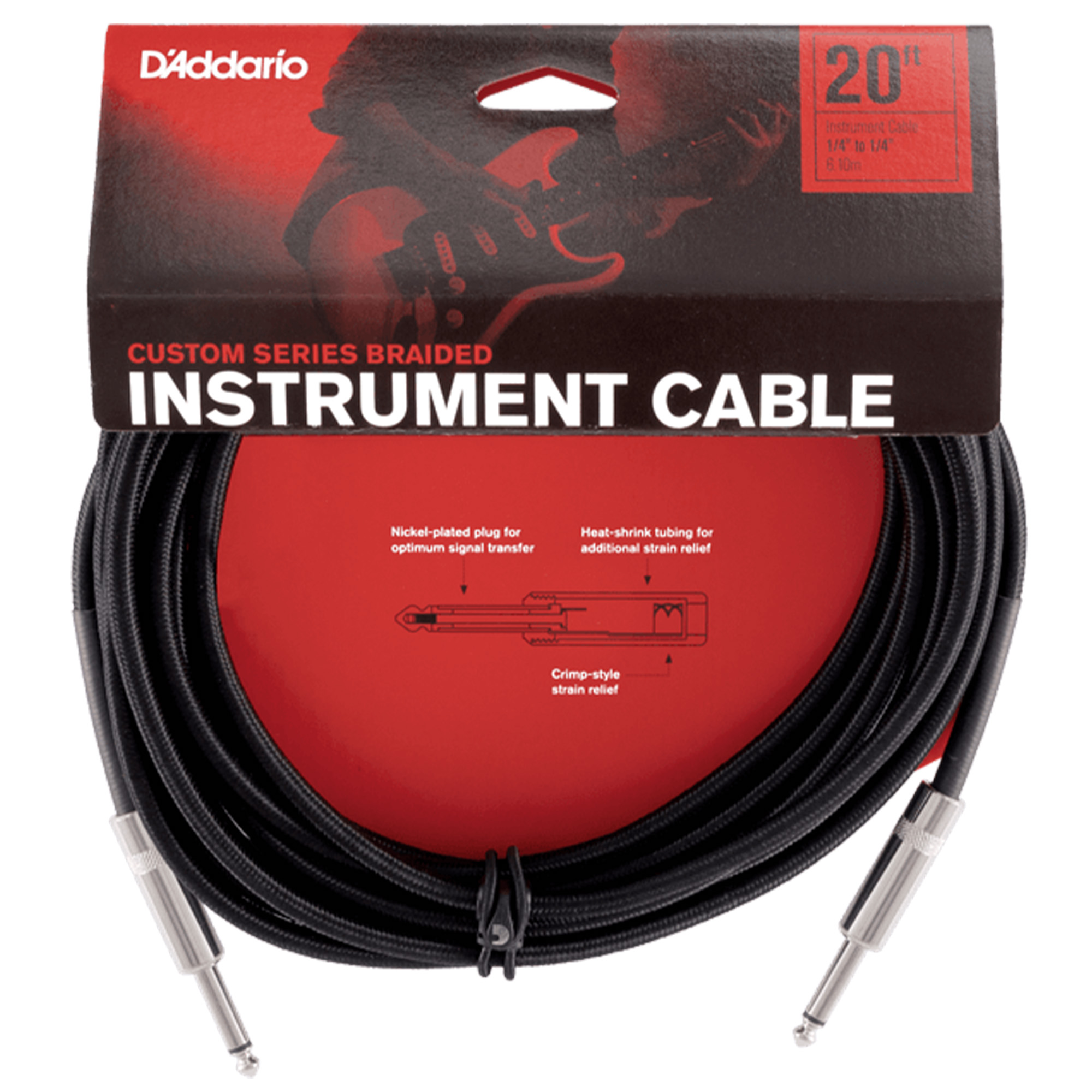 D'Addario PW-BG-20BK Braided Straight to Straight Instrument Cable - 20 foot Black
