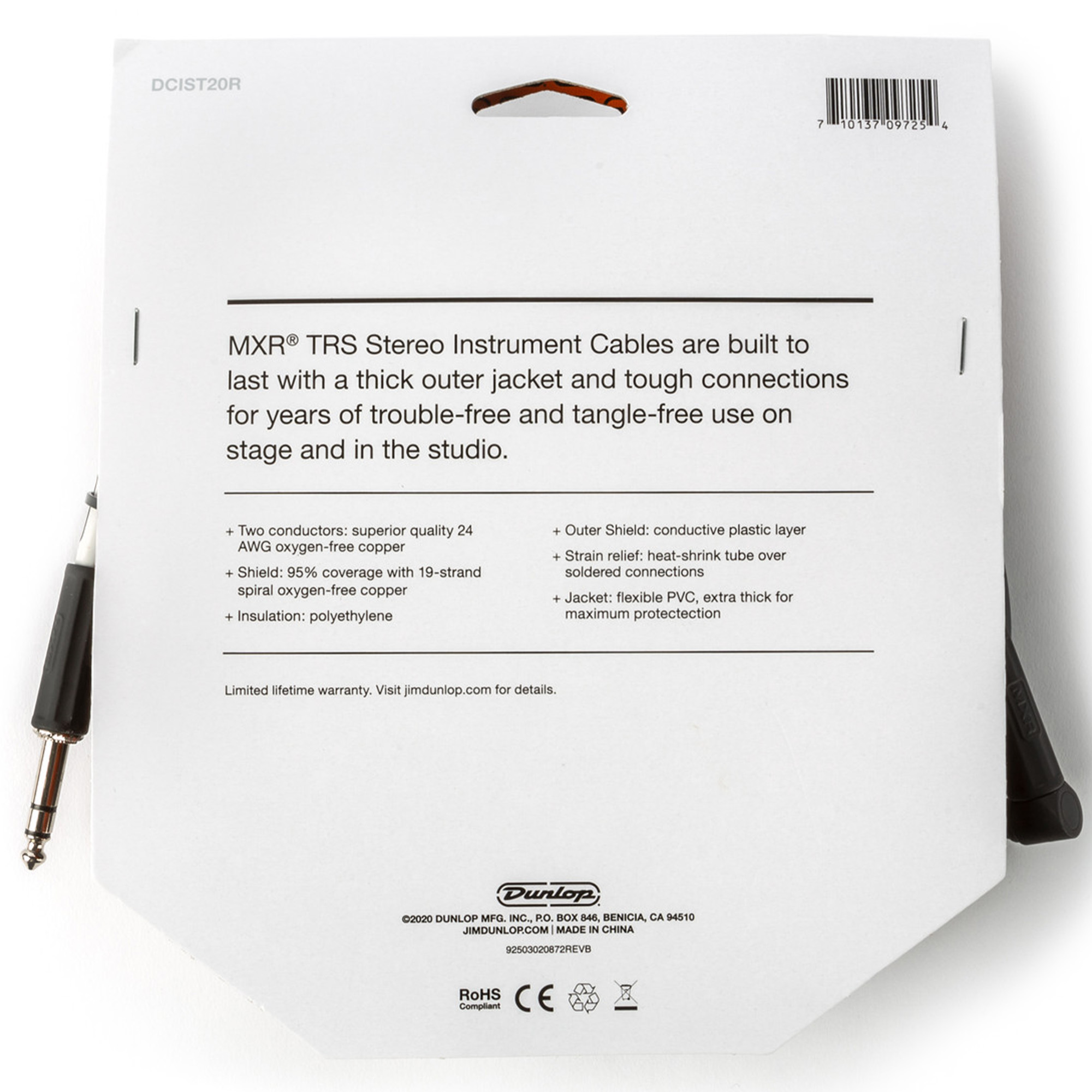 Jim Dunlop DCIST20R TRS Stereo Cable - Straight/Right Angle End - 6 Meters