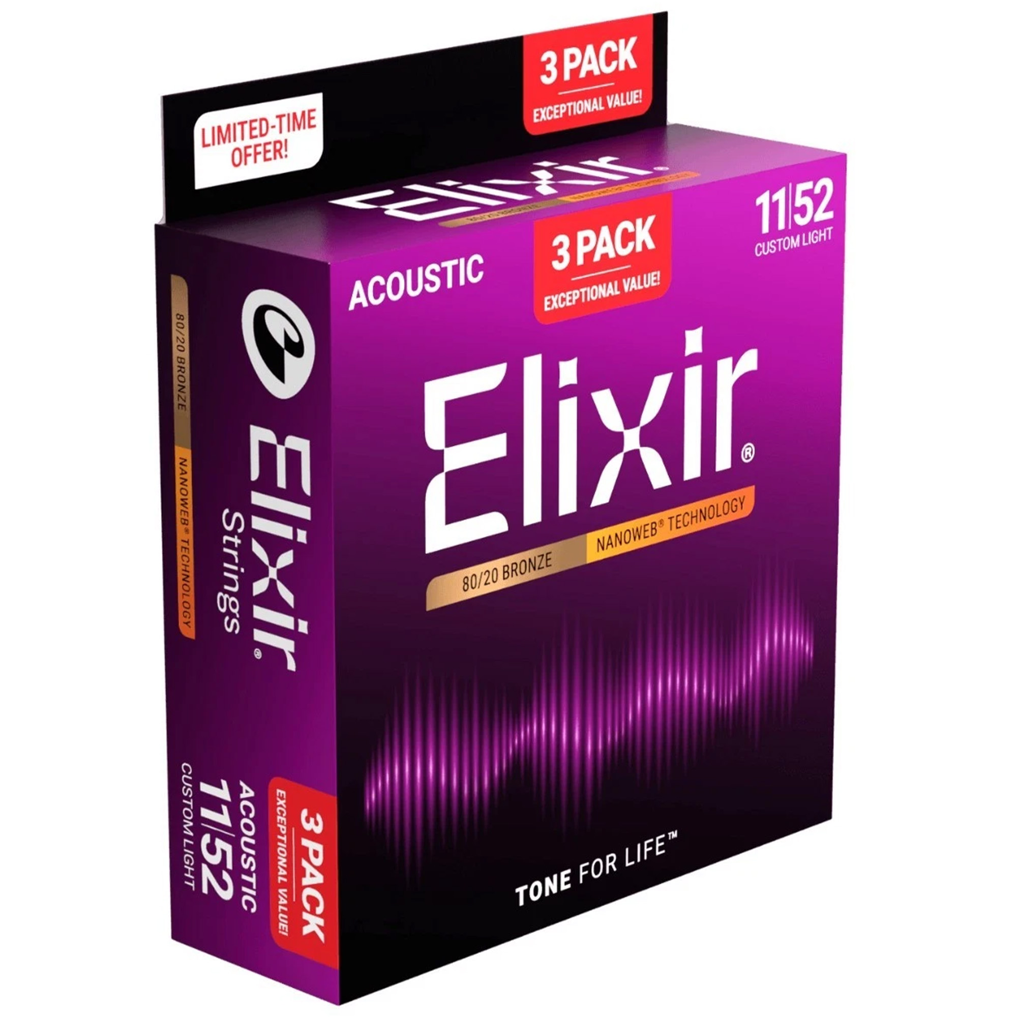 Elixir Strings 11027 Nanoweb 80/20 Acoustic Guitar Strings Custom Light - .011-.052 (3 Pack)