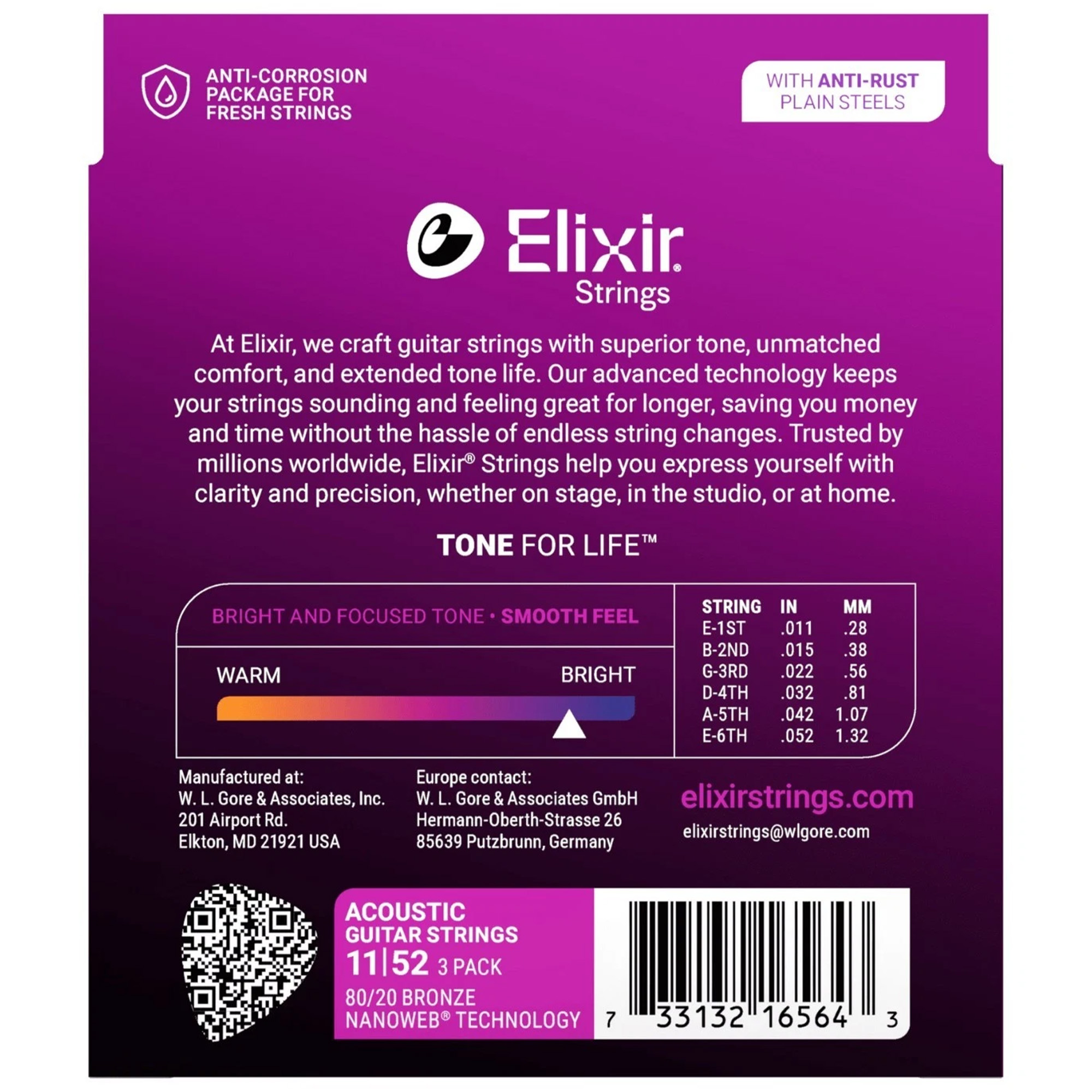 Elixir Strings 11027 Nanoweb 80/20 Acoustic Guitar Strings Custom Light - .011-.052 (3 Pack)