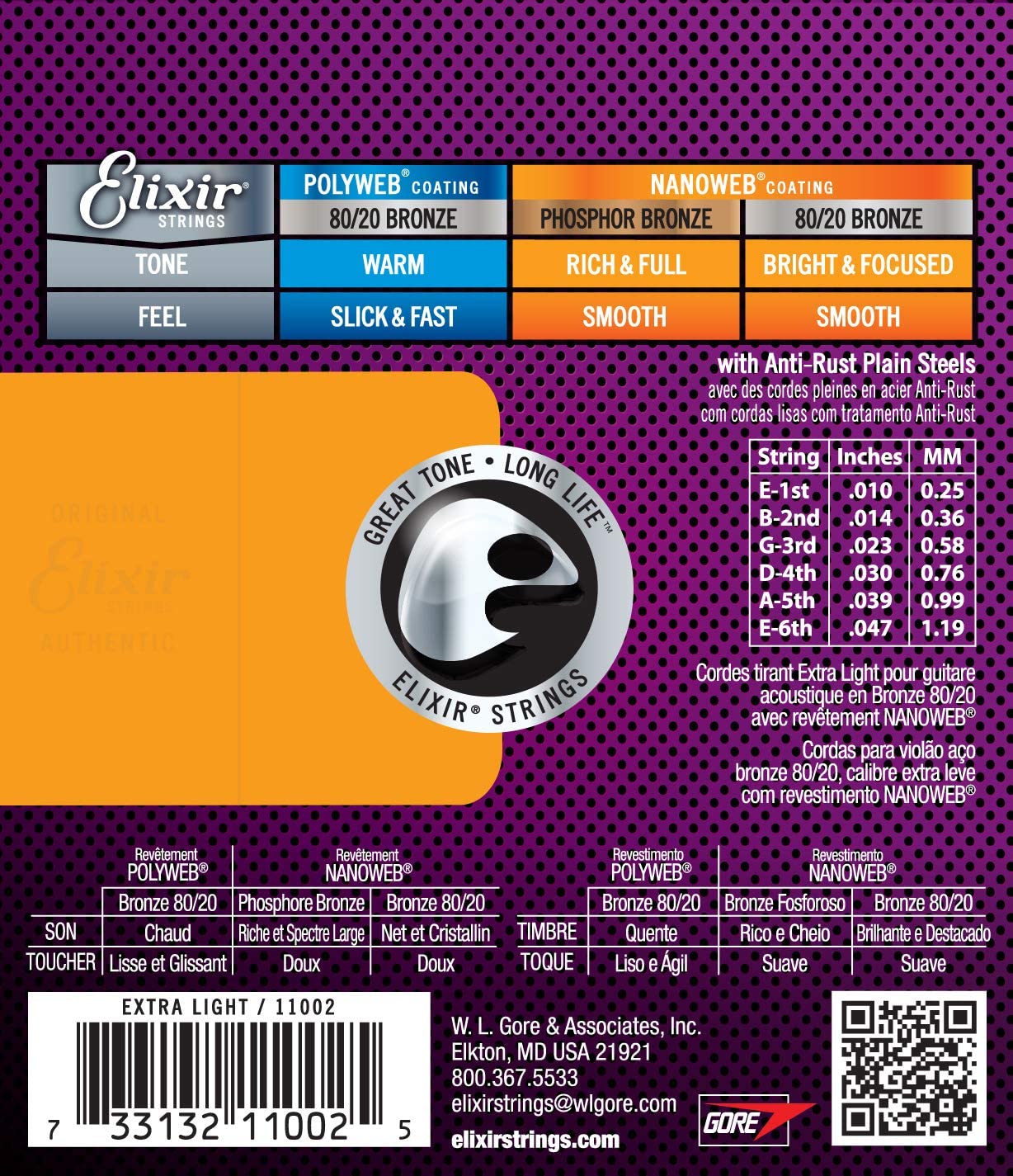 Elixir Strings 11002 80/20 Acoustic Guitar Strings Nanoweb Extra Light - .010-.047