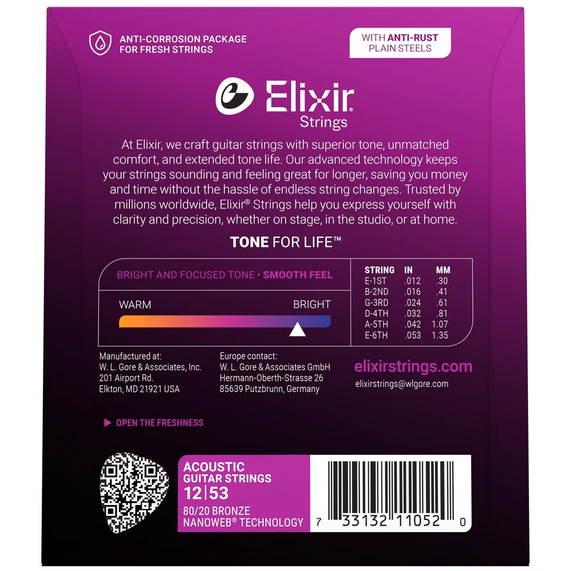 Elixir Strings 11052 80/20 Acoustic Guitar Strings Nanoweb Light - .012-.053