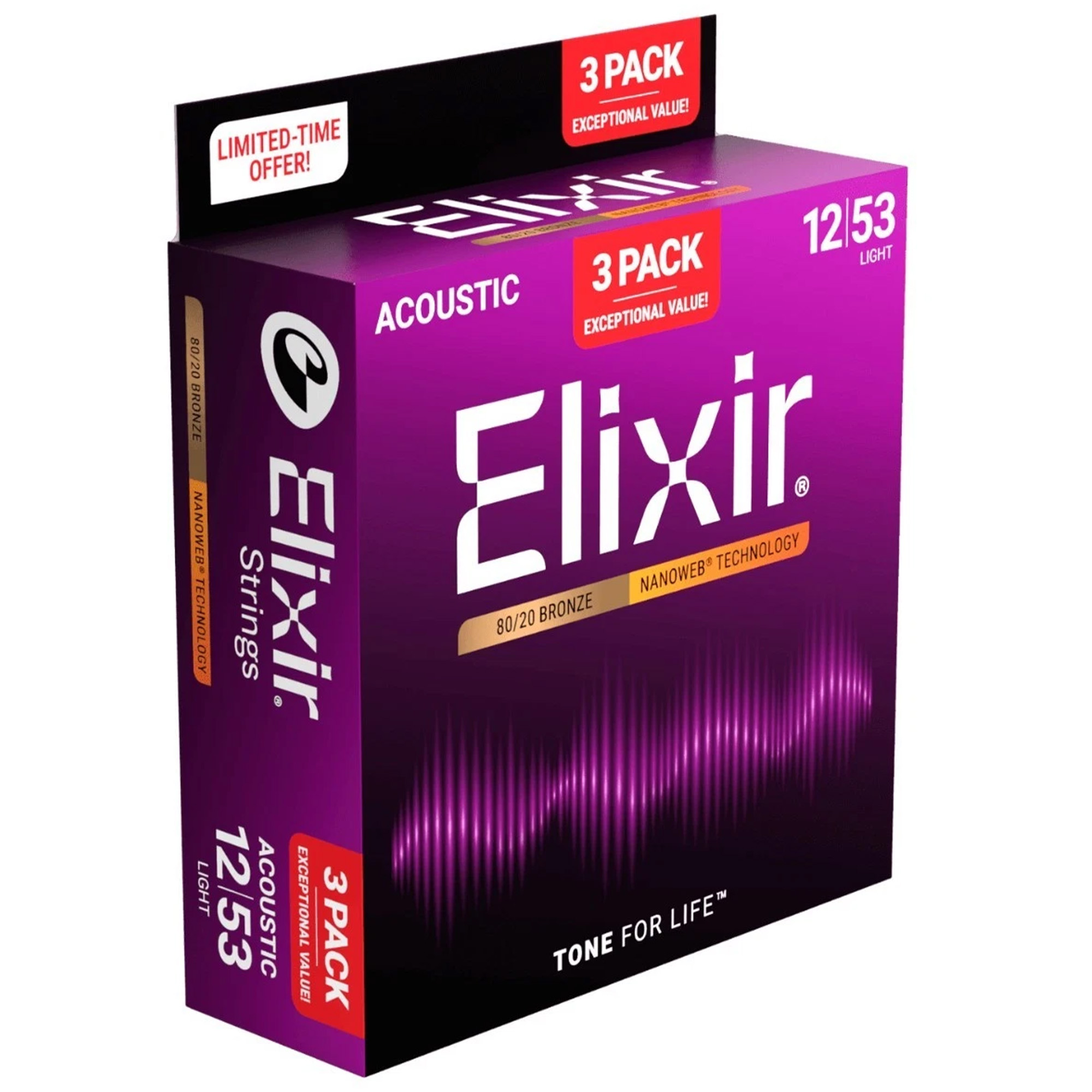 Elixir Strings 11052 Nanoweb 80/20 Acoustic Guitar Strings Light - .012-.053 (3 Pack)