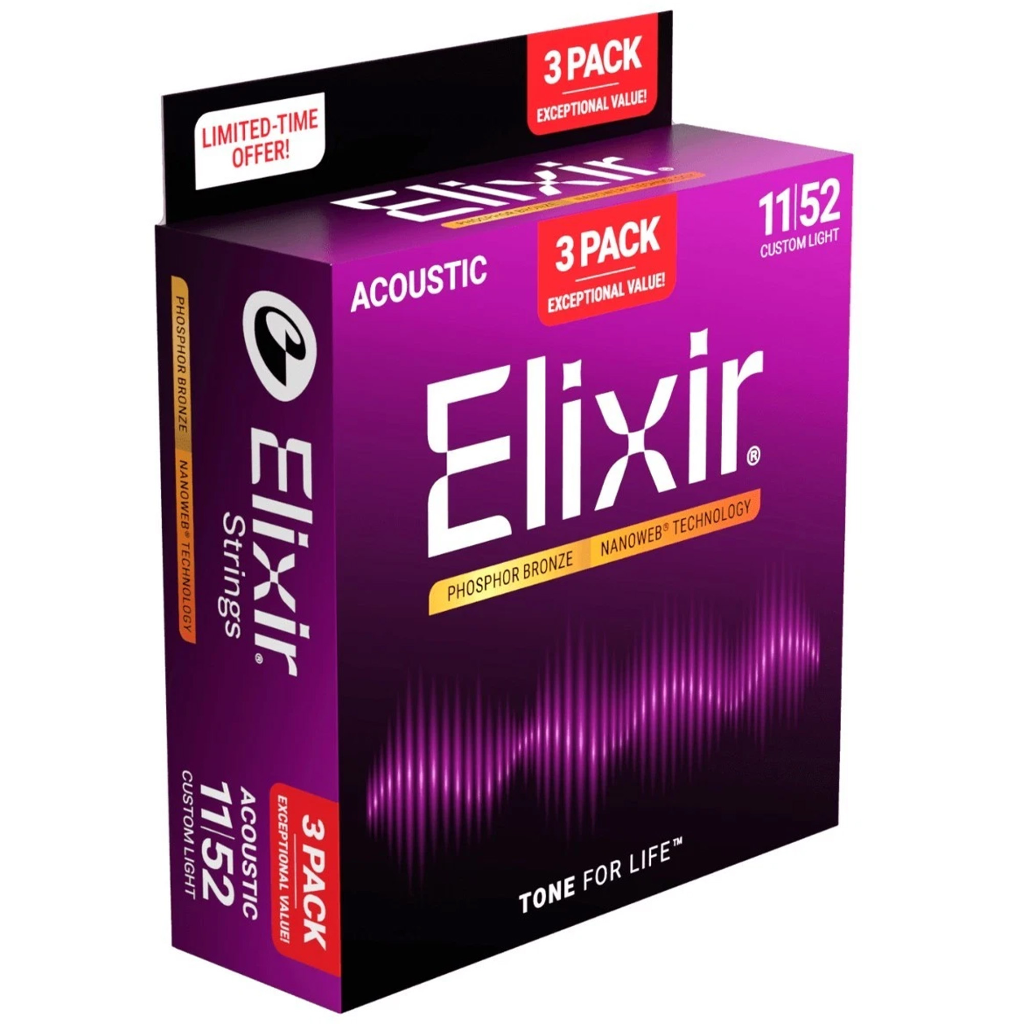 Elixir Strings 16027 Nanoweb Acoustic Guitar Strings Custom Light - .011-.052 ( 3Pack)
