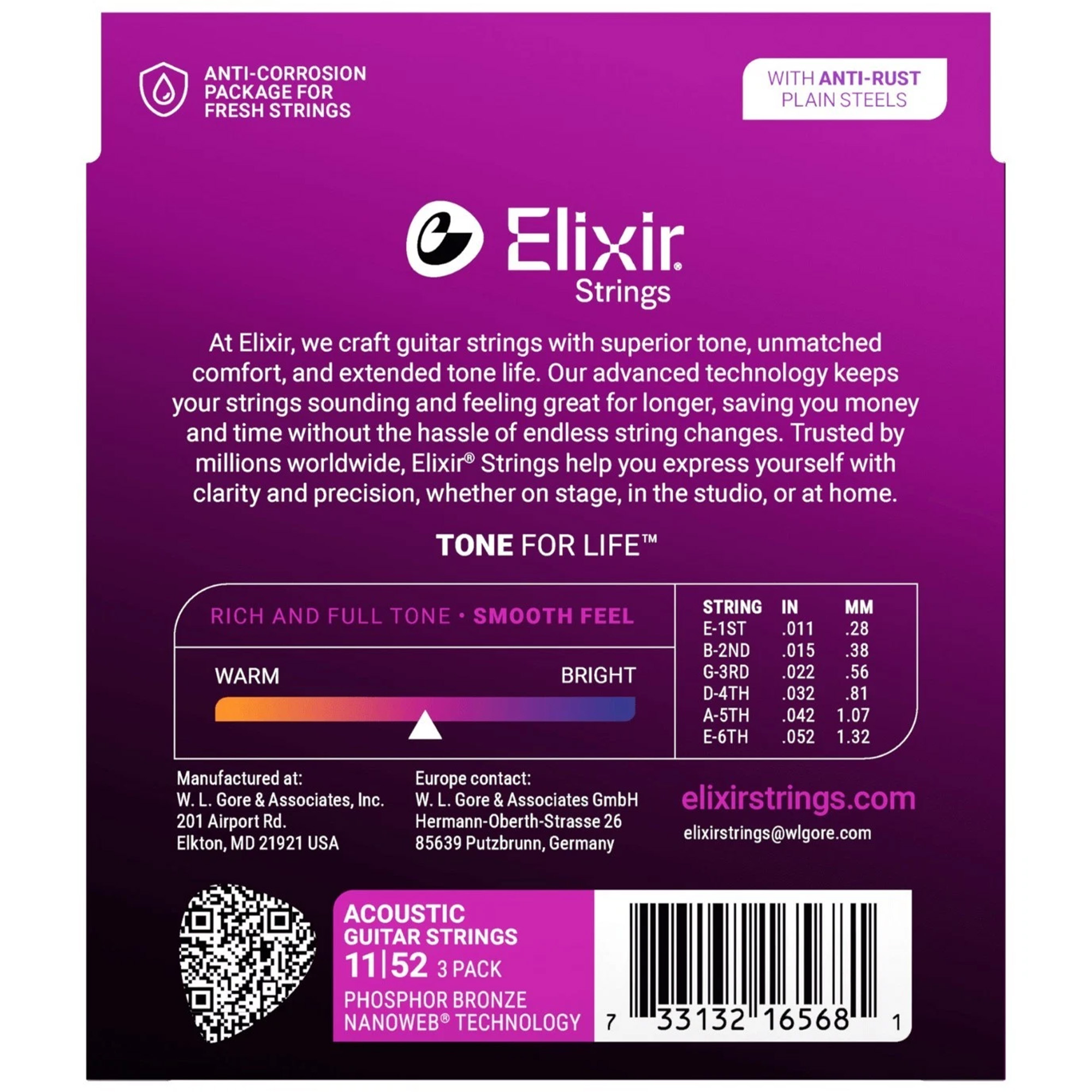 Elixir Strings 16027 Nanoweb Acoustic Guitar Strings Custom Light - .011-.052 ( 3Pack)