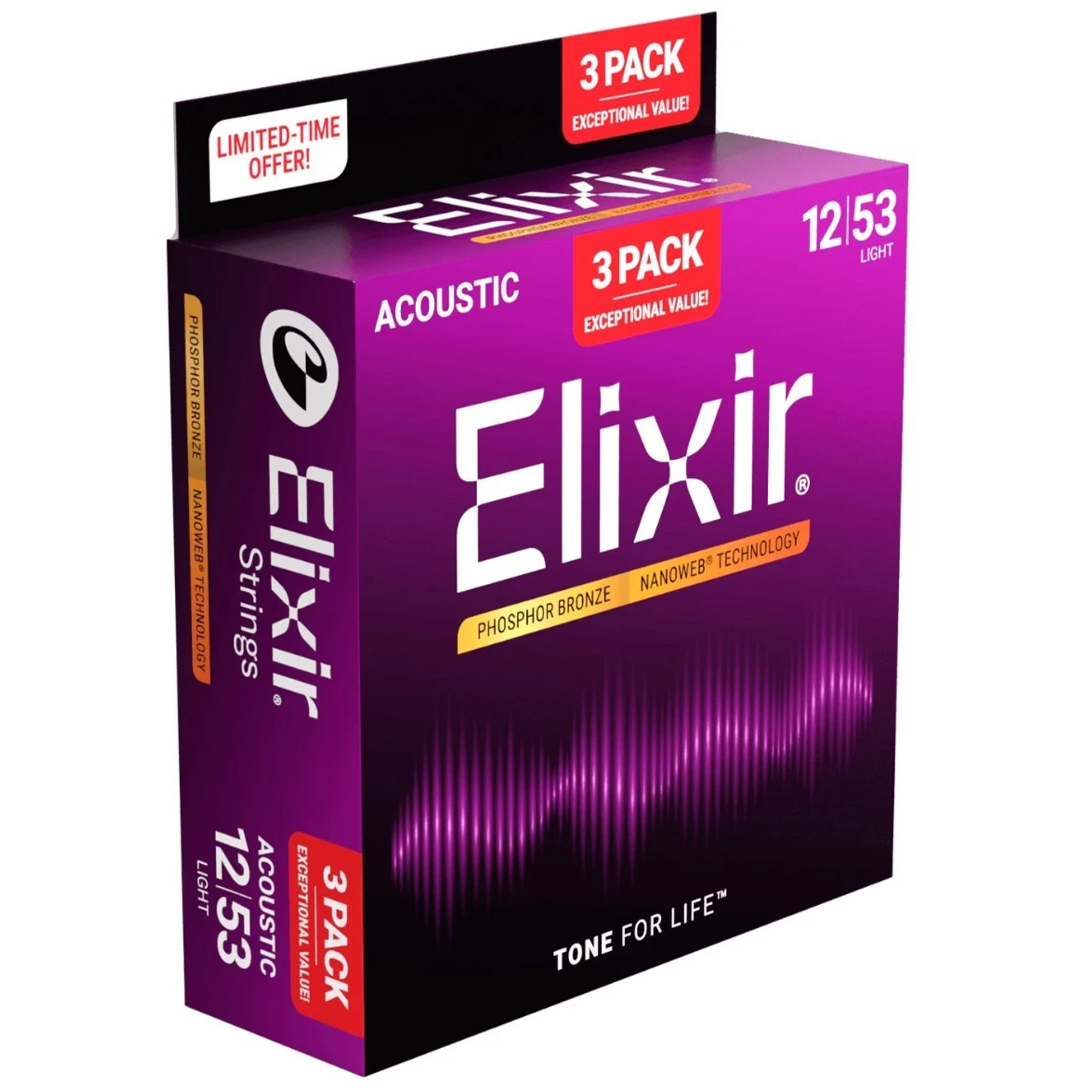 Elixir Strings 16052 Nanoweb Acoustic Guitar Strings Light - .012-.053 ( 3Pack)