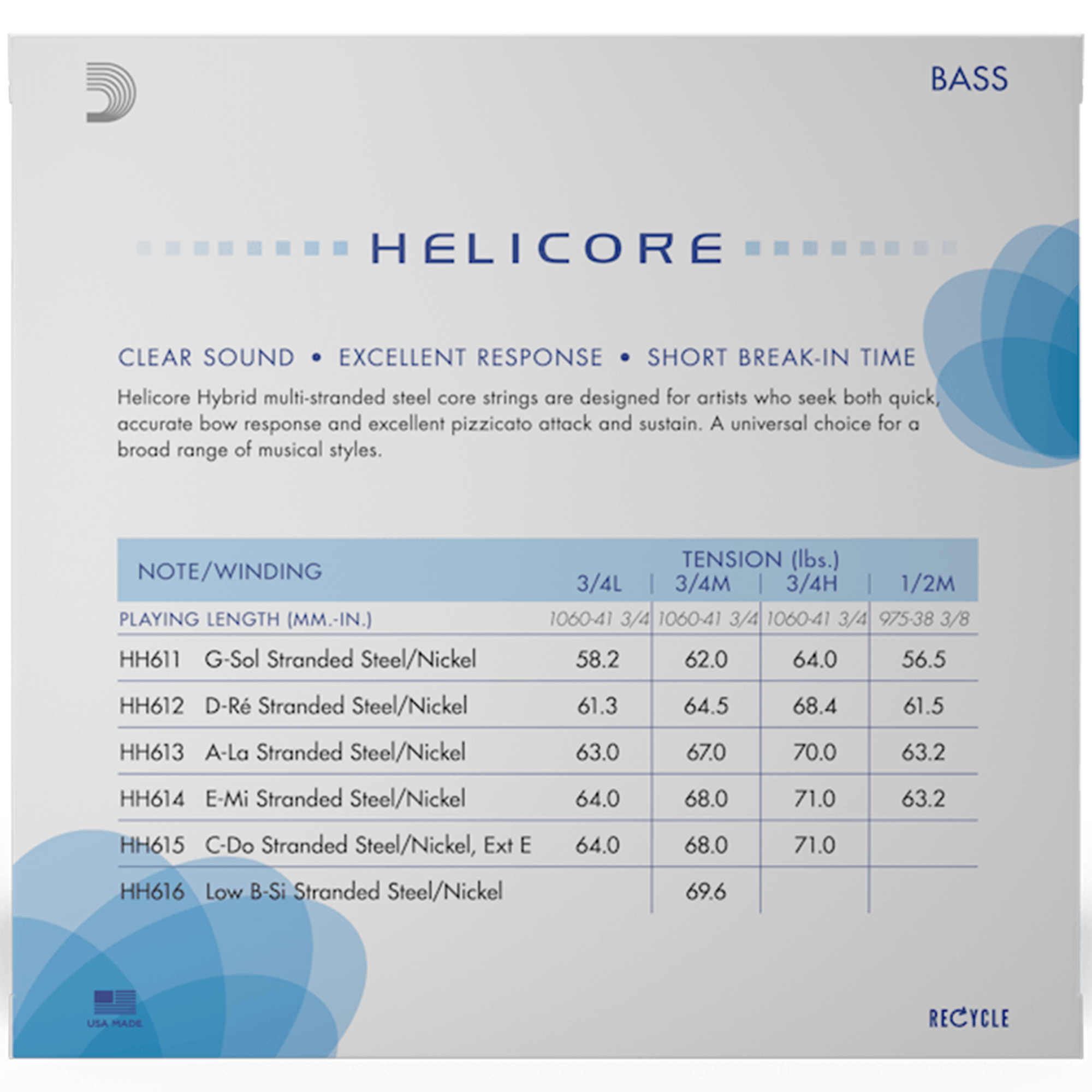 D'Addario HH610 3/4M Helicore Hybrid Double Bass String Set - 3/4 Scale - Medium Tension