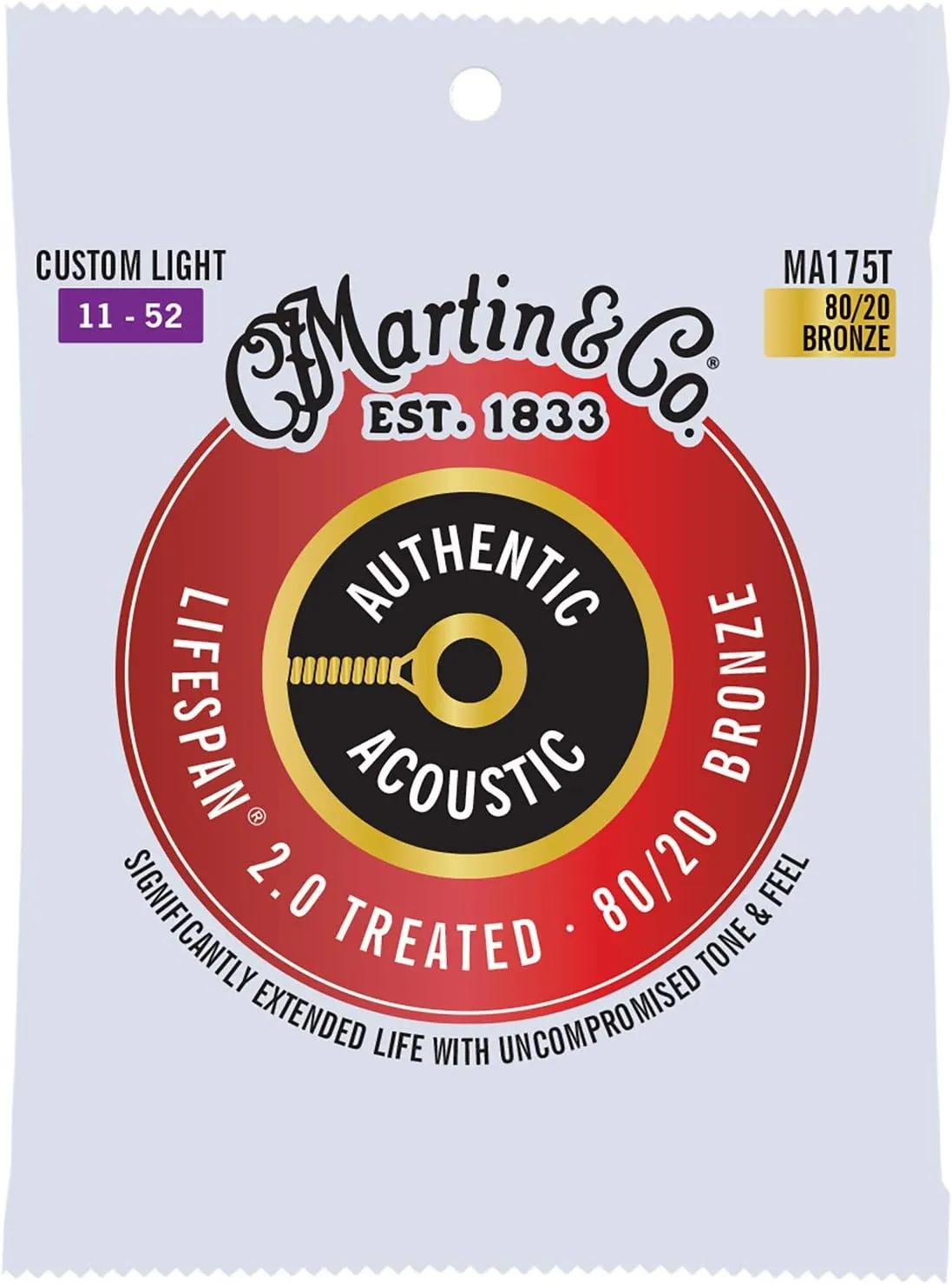 Martin Strings Authentic Acoustic Lifespan 2.0 Treated 80/20 Bronze Guitar Custom Light - .011-.052