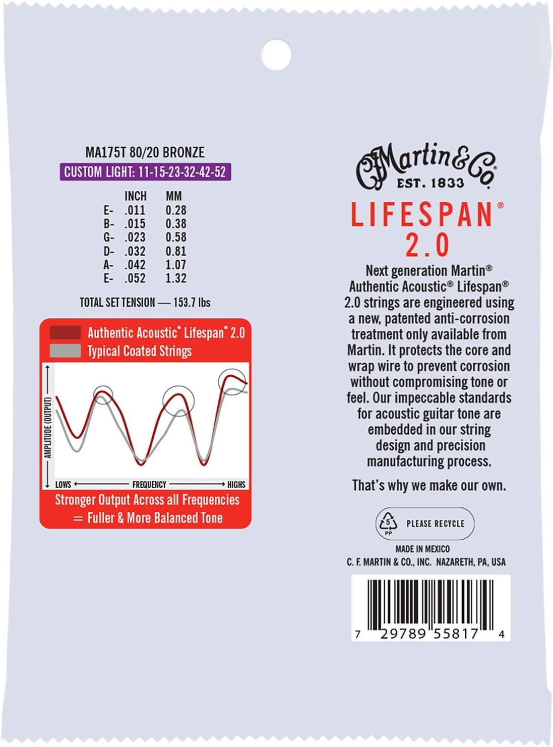 Martin Strings Authentic Acoustic Lifespan 2.0 Treated 80/20 Bronze Guitar Custom Light - .011-.052