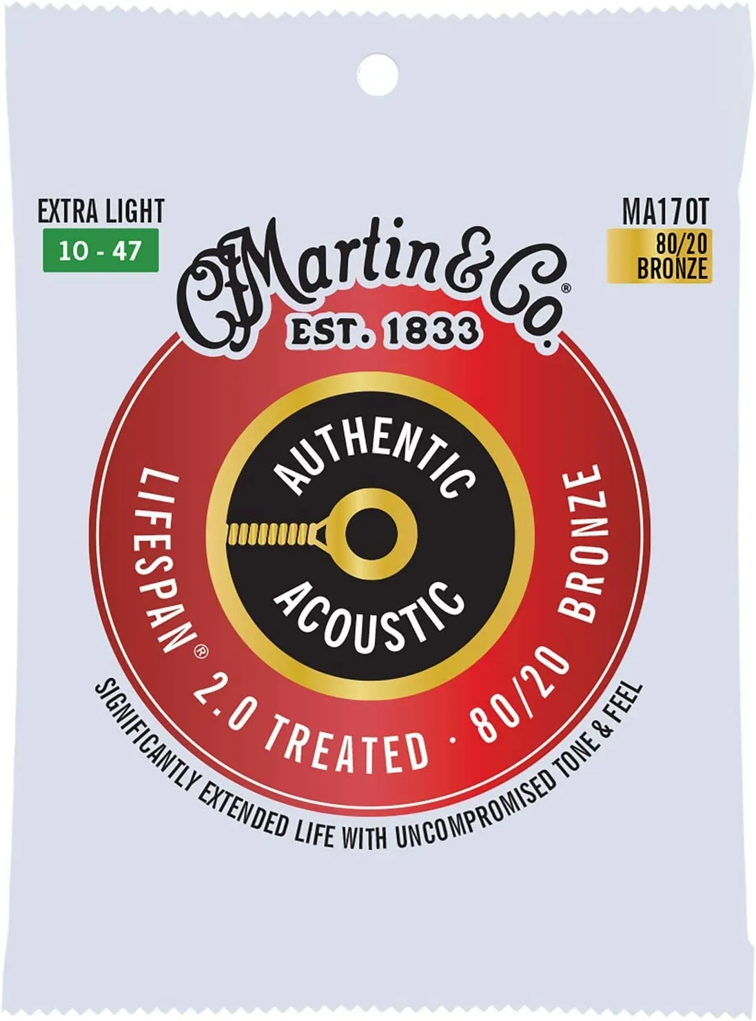 Martin Strings Authentic Acoustic Lifespan 2.0 Treated 80/20 Bronze Guitar Extra Light - .010-.047