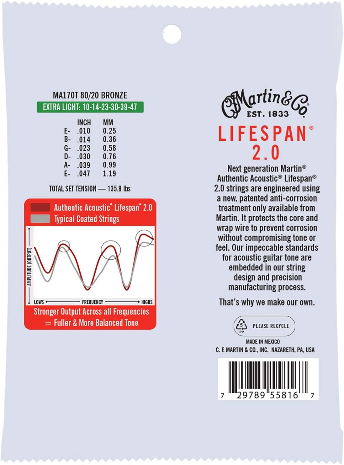 Martin Strings Authentic Acoustic Lifespan 2.0 Treated 80/20 Bronze Guitar Extra Light - .010-.047