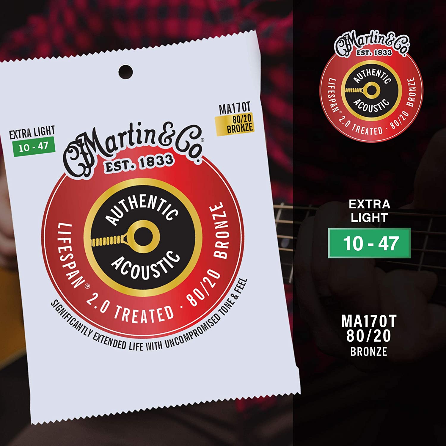 Martin Strings Authentic Acoustic Lifespan 2.0 Treated 80/20 Bronze Guitar Extra Light - .010-.047