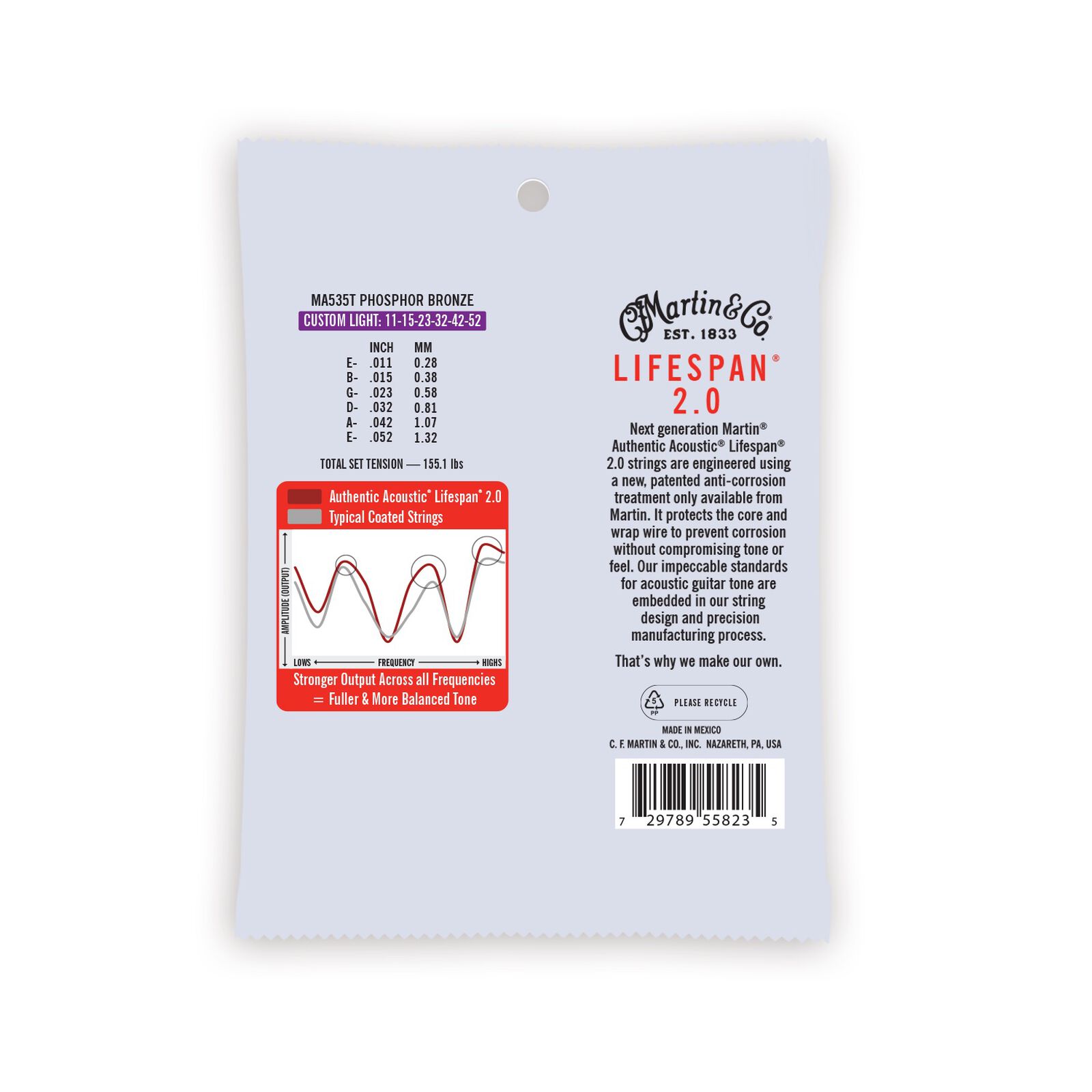 Martin Strings Authentic Acoustic Set Lifespan 2.0 Treated Guitar Strings 92/8 Phosphor Bronze Custom Light - .011-.052