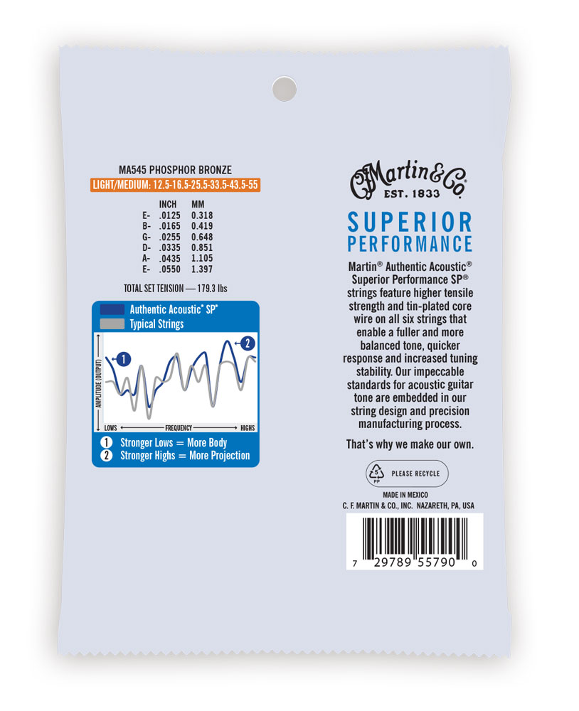 Martin Strings Authentic Acoustic Guitar Set Superior Performance SP 92/8 Phosphor Bronze Light/Medium - 012.5 -.055