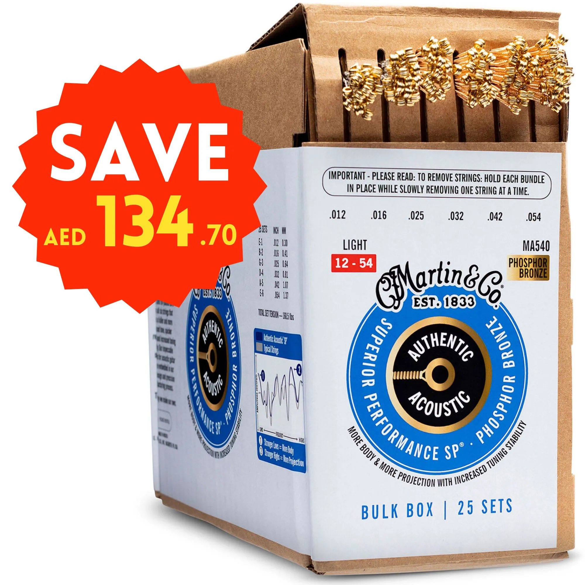 Martin Strings 25-SETS Authentic Acoustic Guitar Superior Performance 92/8 Phosphor Bronze Light - 012-.054