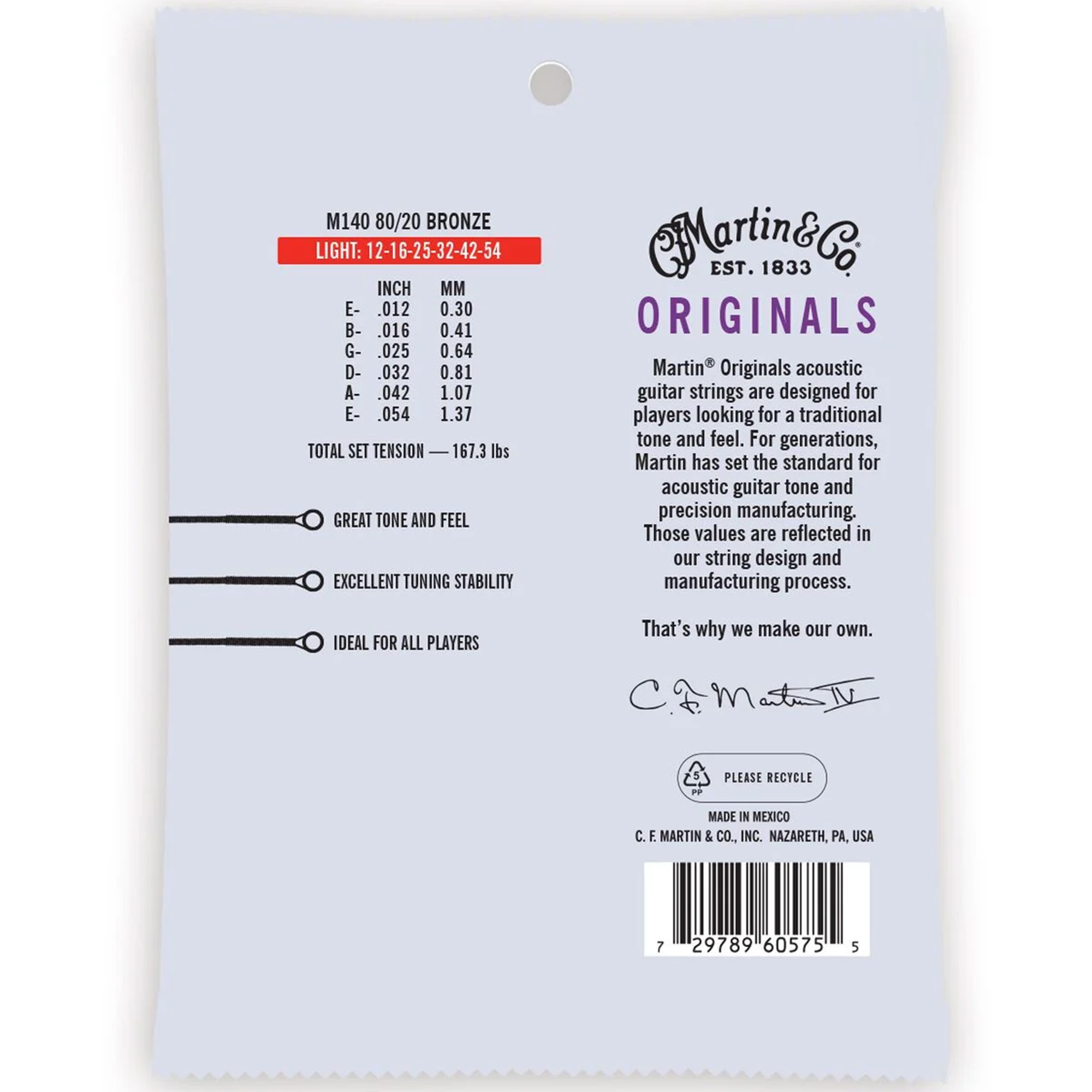 Martin Strings The Original Acoustic Guitar Set 80/20 Bronze Light - 012-.054