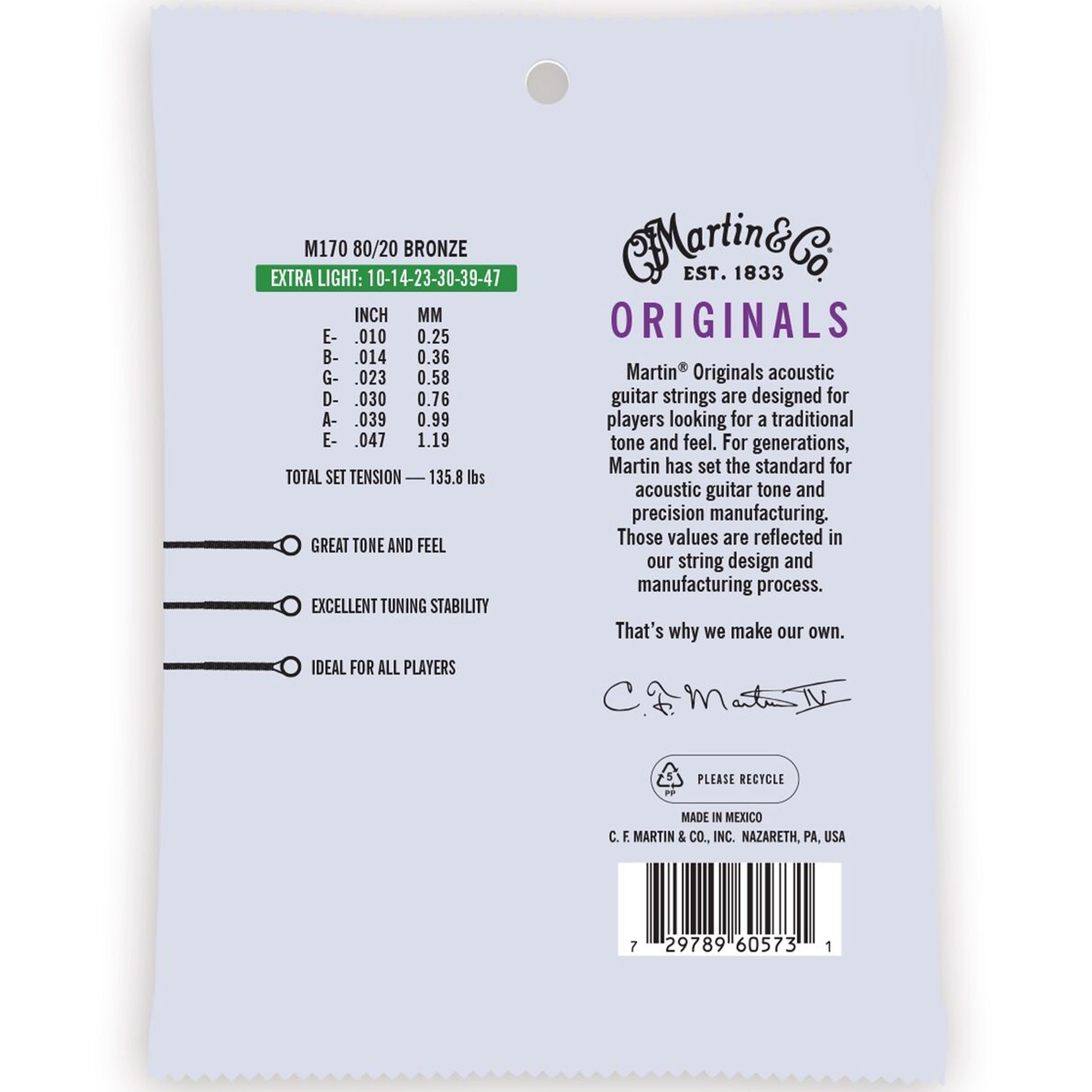 Martin Strings Original 80-20 Bronze Acoustic Guitar Extra Light - .010-.047