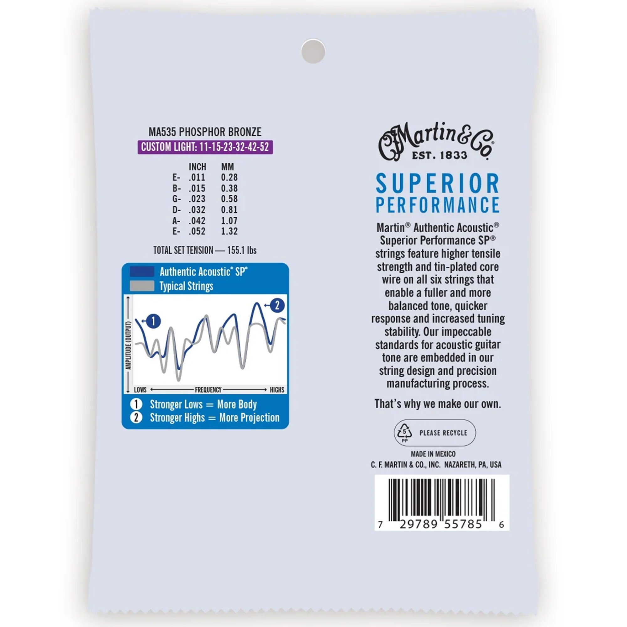 Martin Authentic Acoustic Superior Performance 92/8 Phosphor Bronze Guitar Strings - .011-.052 Custom Light