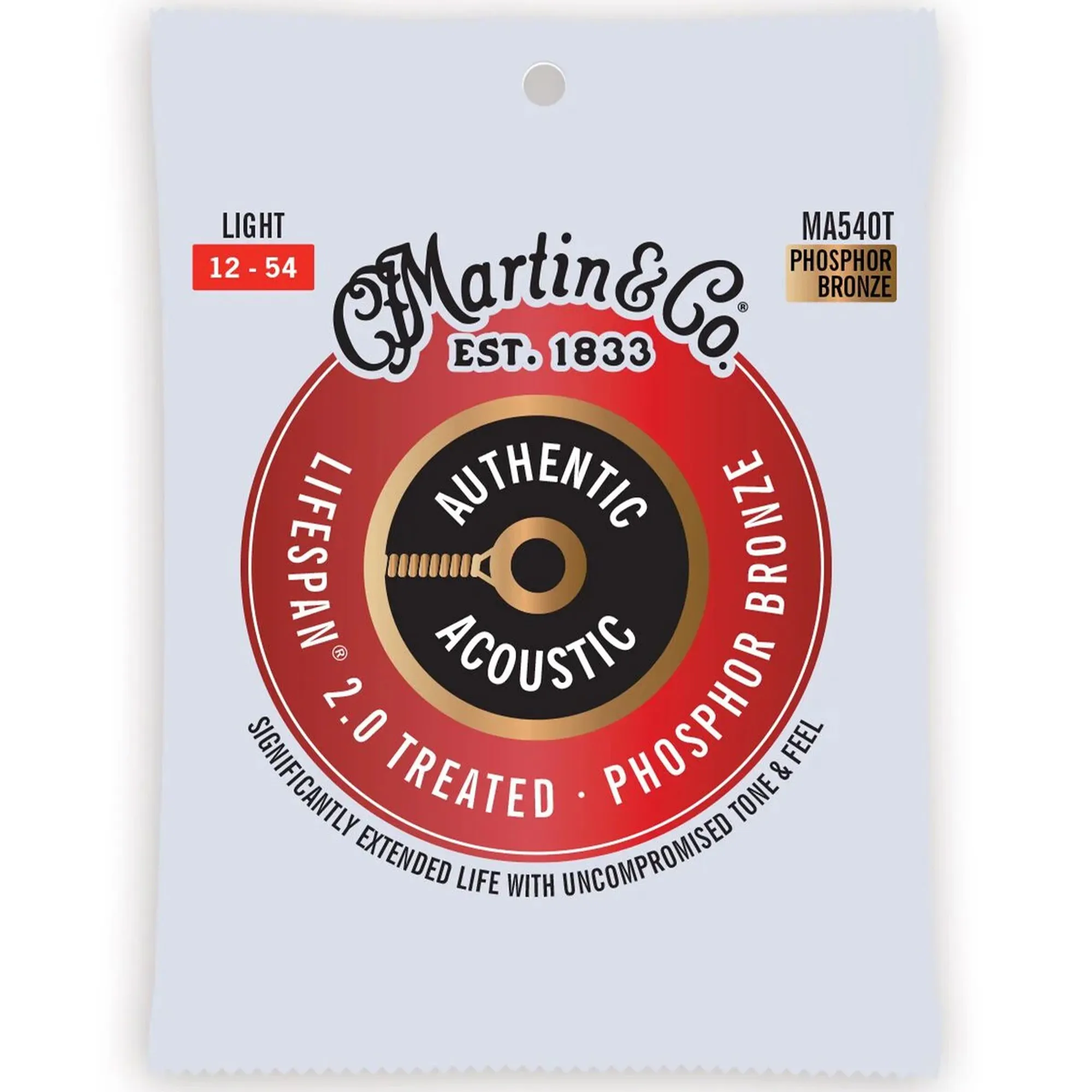 Martin Strings Authentic Acoustic Guitar Set Lifespan 2.0 Treated Guitar Strings 92/8 Phosphor Bronze Light - .012-.054