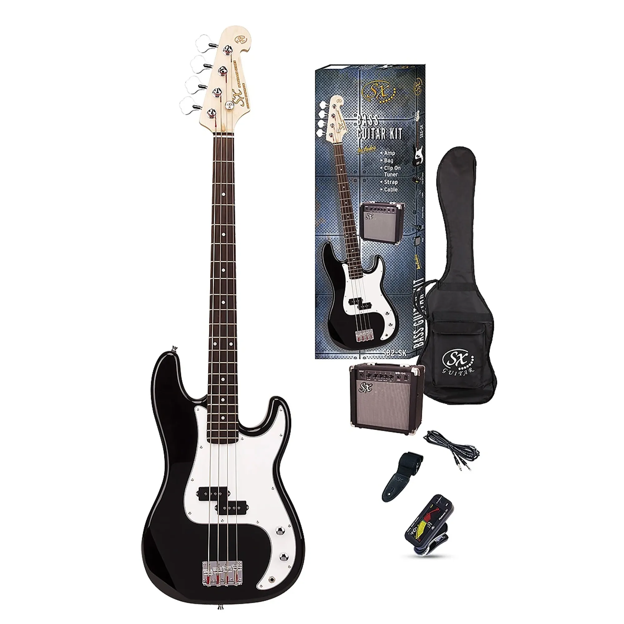 SX Guitar Precision SB2 Electric Bass Package Guitar - Black