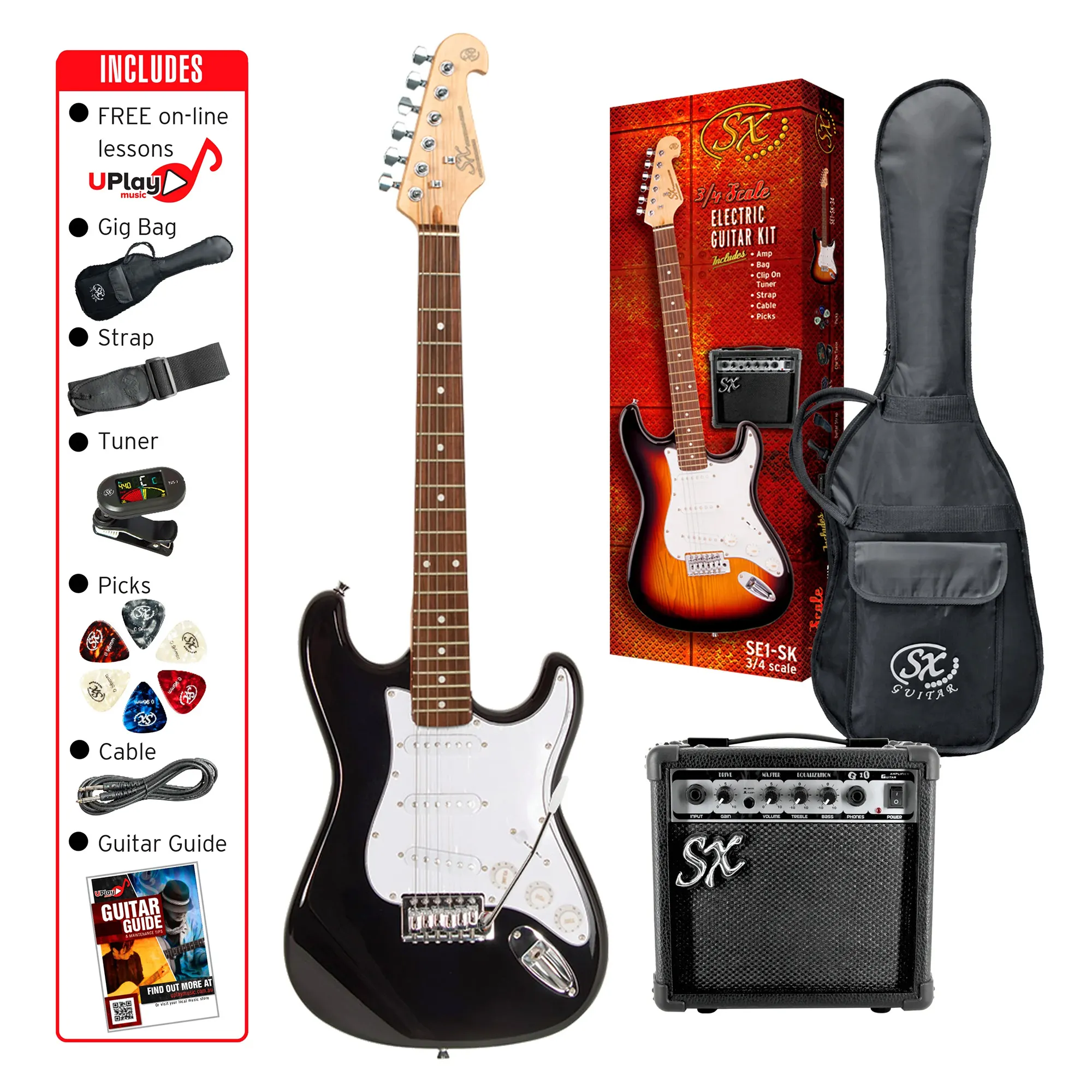 SX Guitar Stratocaster 3/4 Electric Package Guitar - Black