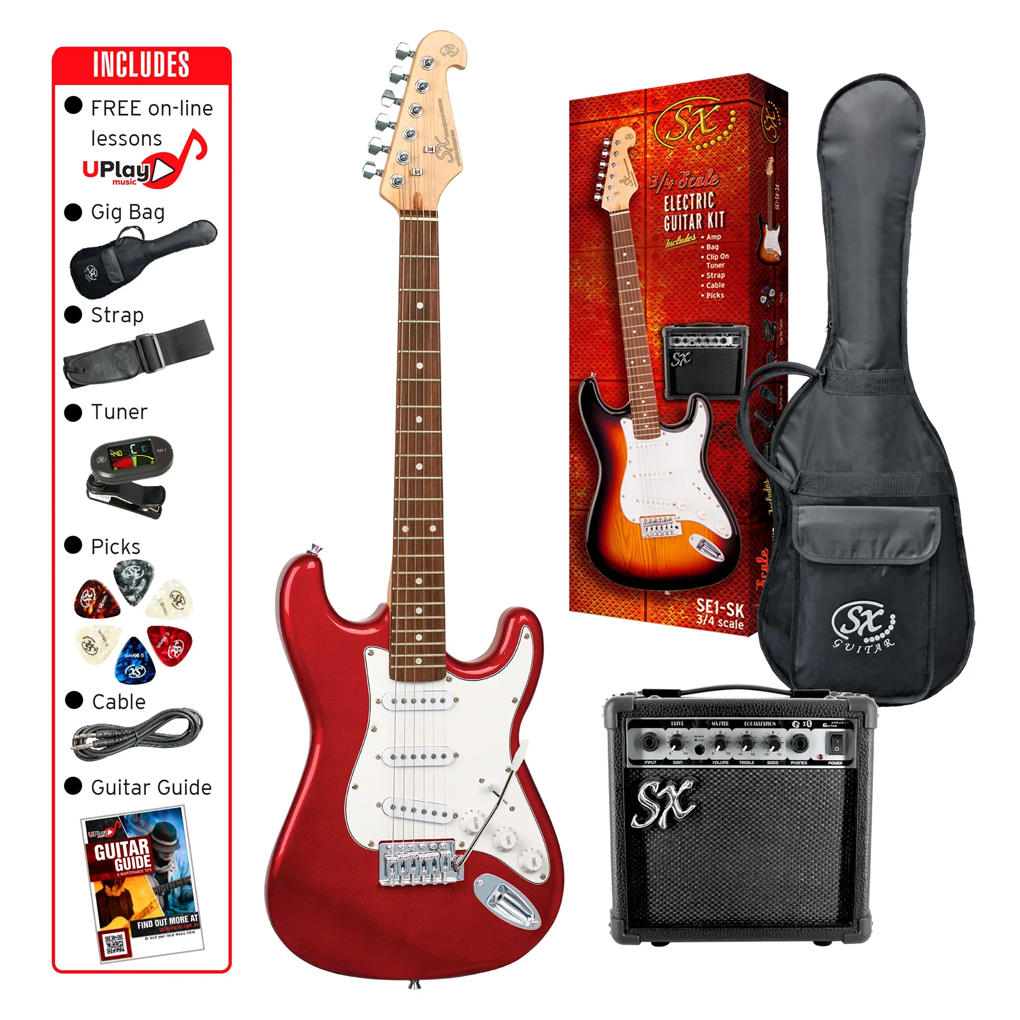 SX Guitar Stratocaster 3/4 Electric Package Guitar - Candy Apple Red