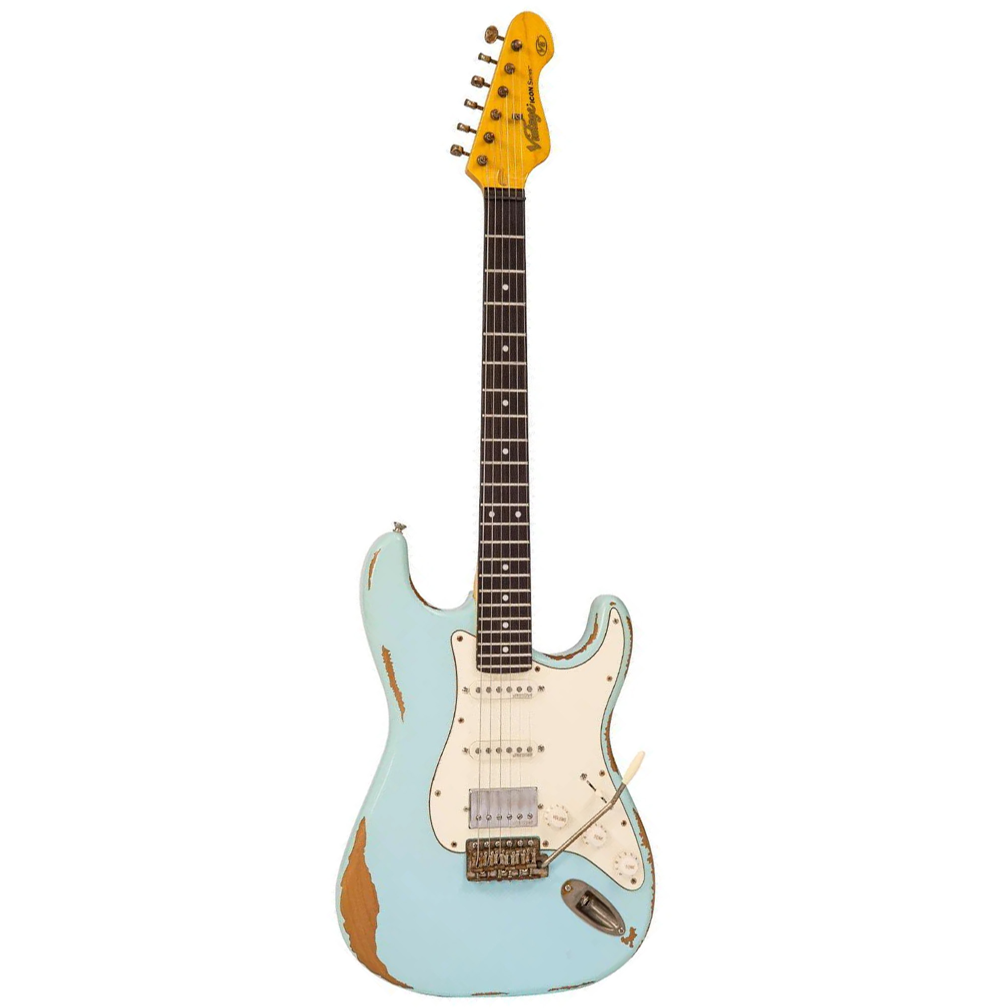 Vintage Icon HSS Electric Guitar - Ultra Gloss Distressed Laguna Blue
