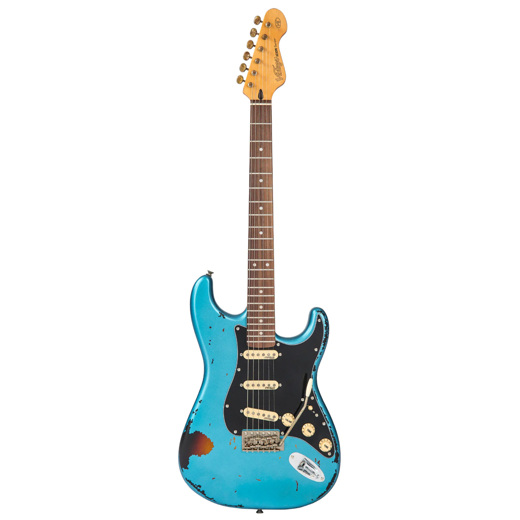Vintage Icon Electric Guitar - Distressed Gun Hill Blue On Sunburst