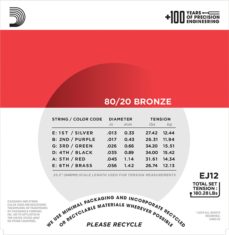 D'Addario EJ12 80/20 Bronze Acoustic Guitar Strings Medium - 13-56