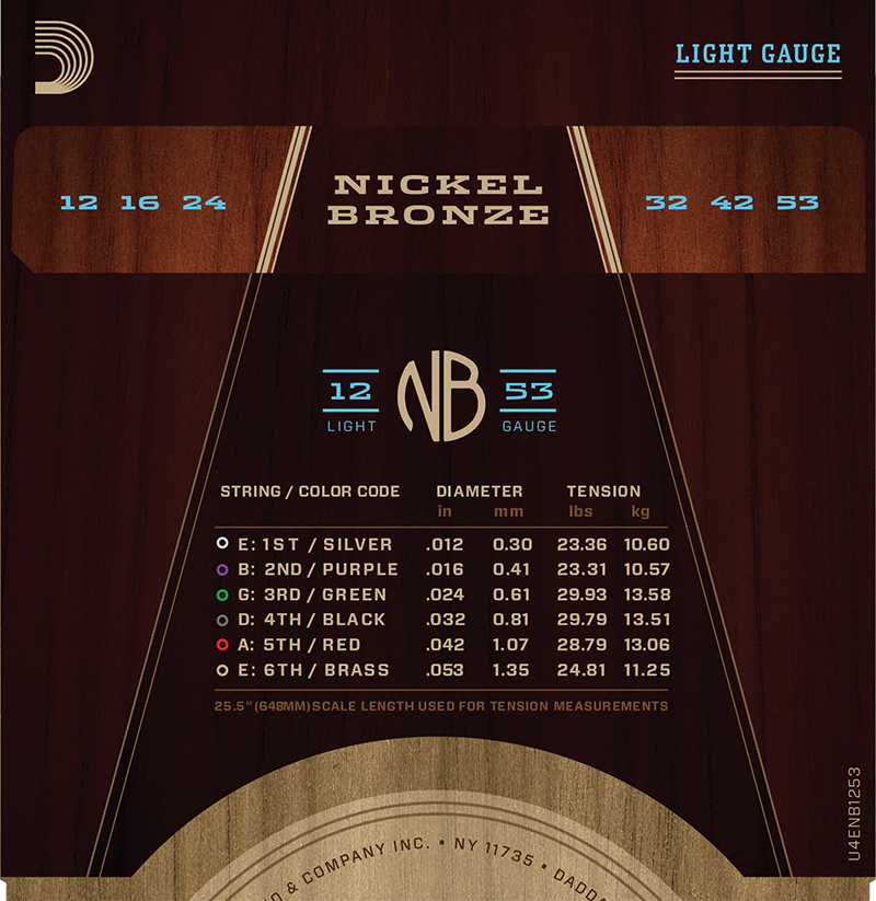D'Addario NB1253 Nickel Bronze Acoustic Guitar Strings Light - 12-53